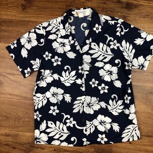 Alohawears Dark Blue White Floral Button Up Shirt Hawaiian *Read